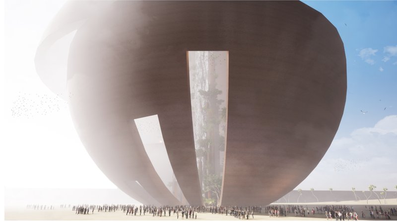Entry cuts frame the interior landscape, guiding visitors into a narrative of climate urgency