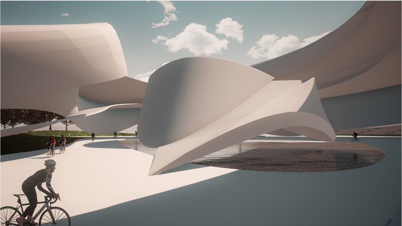Cyclists activate the memorial as fluid architectural forms rise above water, translating movement into energy and spatial transformation.