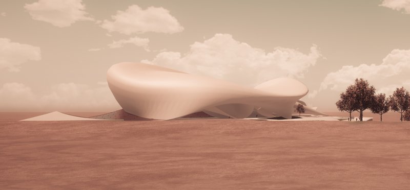 Fluid parametric forms hover above a reflective water body, activated by movement and energy generated by cyclists.