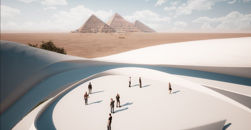 Elevated plaza framing a distant view of the pyramids, where landscape and architecture merge into a continuous surface.