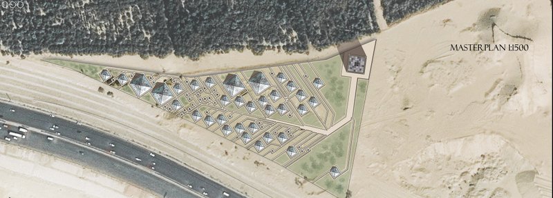 Masterplan illustrating the gradual spread of pyramidal sepulchers across the desert landscape.