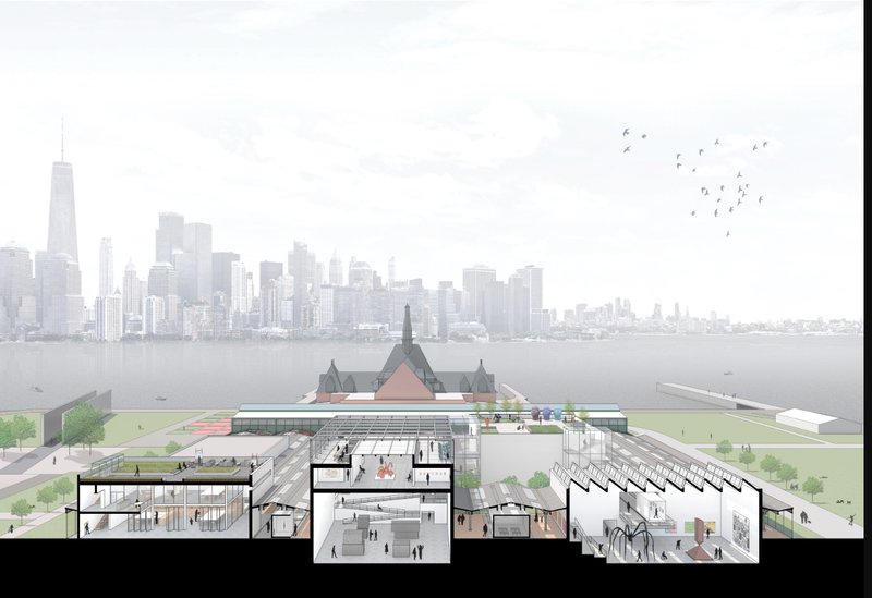 Sectional view showing layered cultural spaces and preserved industrial structure