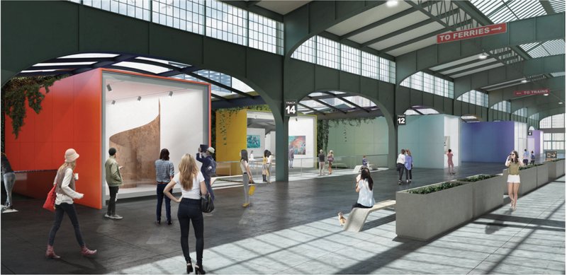 Exhibition boxes reimagining train platforms as flexible gallery spaces