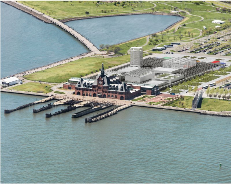 Aerial view of waterfront cultural center integrating heritage and urban landscape