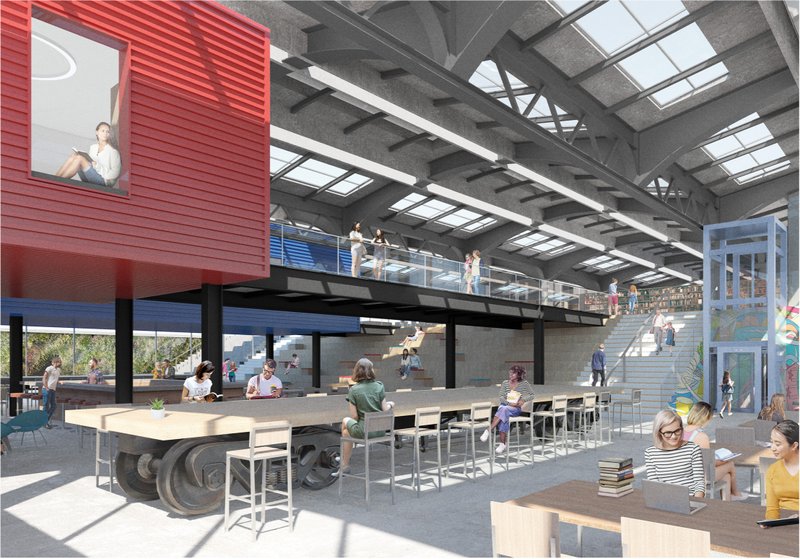 Public library and community space activated within repurposed rail infrastructure