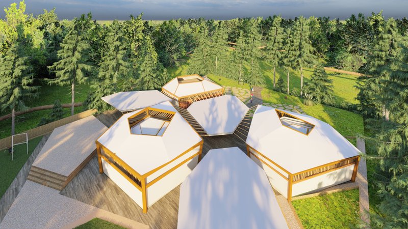 Clustered hexagonal classrooms forming a modular, climate-responsive learning environment within a forested site.