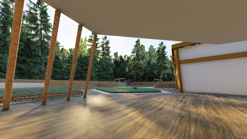 Transitional outdoor space blending built form with nature, encouraging informal learning and movement.