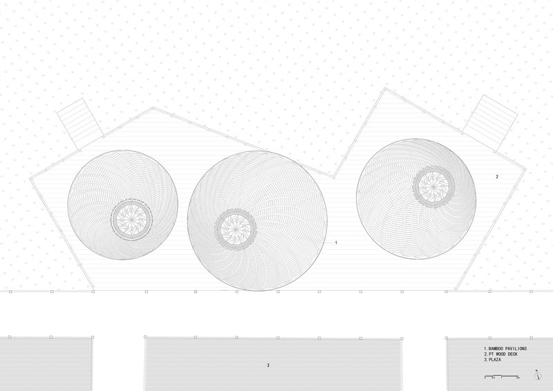 Elevation drawing depicting three circular domed structures with spiral centers and raised triangular roof elements