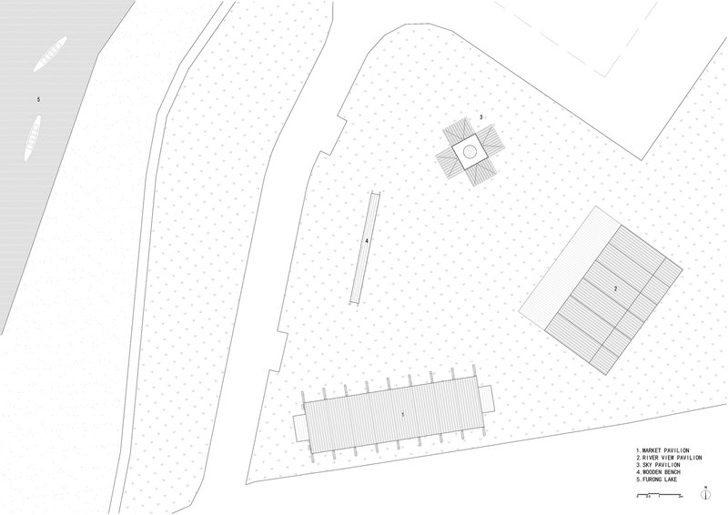 Site plan drawing showing a central pavilion with cross-shaped roof among landscaped paths and water features