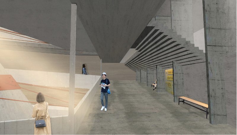 Subterranean exhibition space exploring climate anxiety through compression and raw materiality