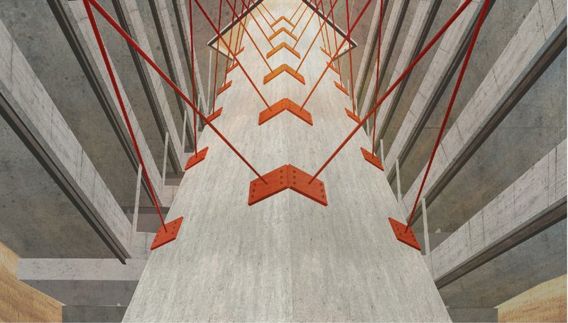 Central void installation amplifying tension through structural elements and vertical descent