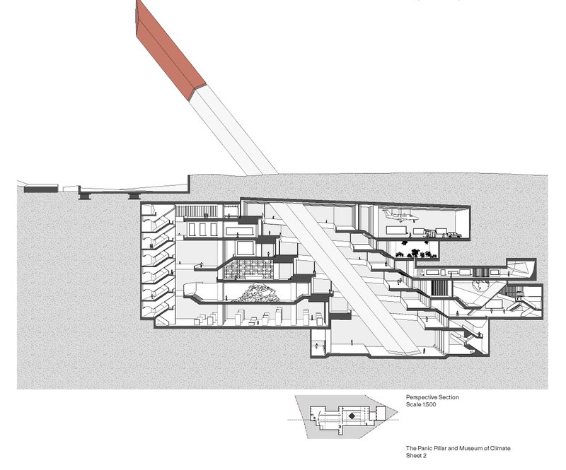 Sectional drawing revealing the underground museum and the leaning Panic Pillar system