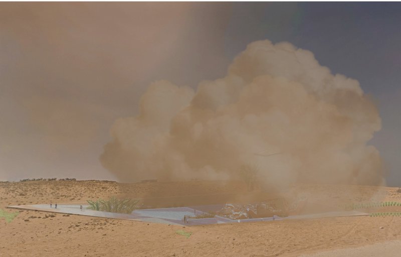 Collapsed Panic Pillar scenario visualizing climate catastrophe and architectural impermanence