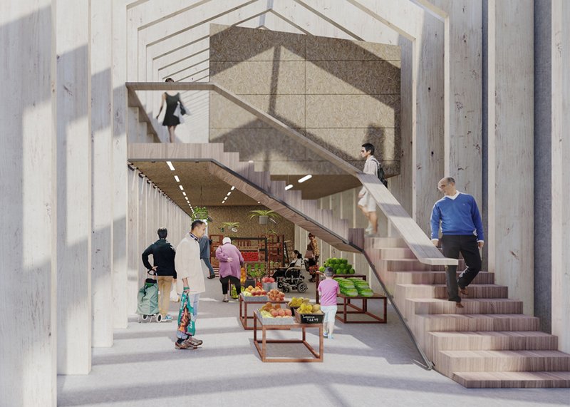 Interior market space integrates circulation and social exchange through layered vertical movement and open structural framing.