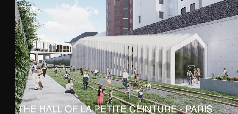 Adaptive reuse of La Petite Ceinture transforms dormant rail tracks into an active linear public landscape.
