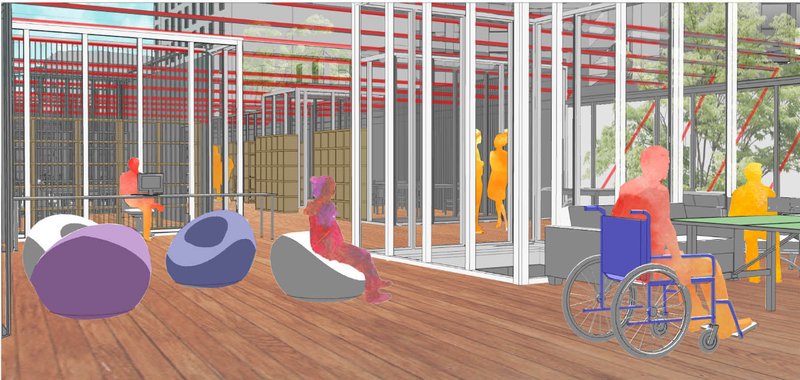 &nbsp; Coworking and library zones promoting collaborative learning within a lightweight modular system.