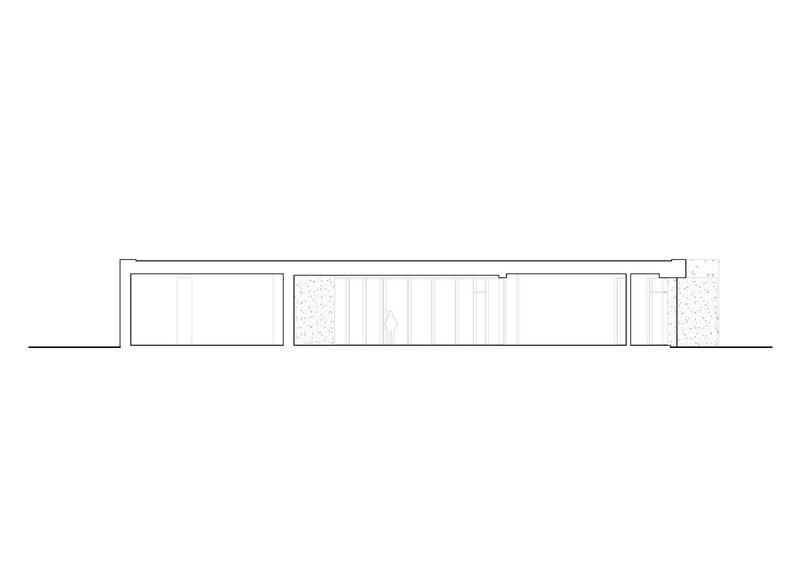 Elevation drawing showing the horizontal massing with vertical cladding and textured end panels