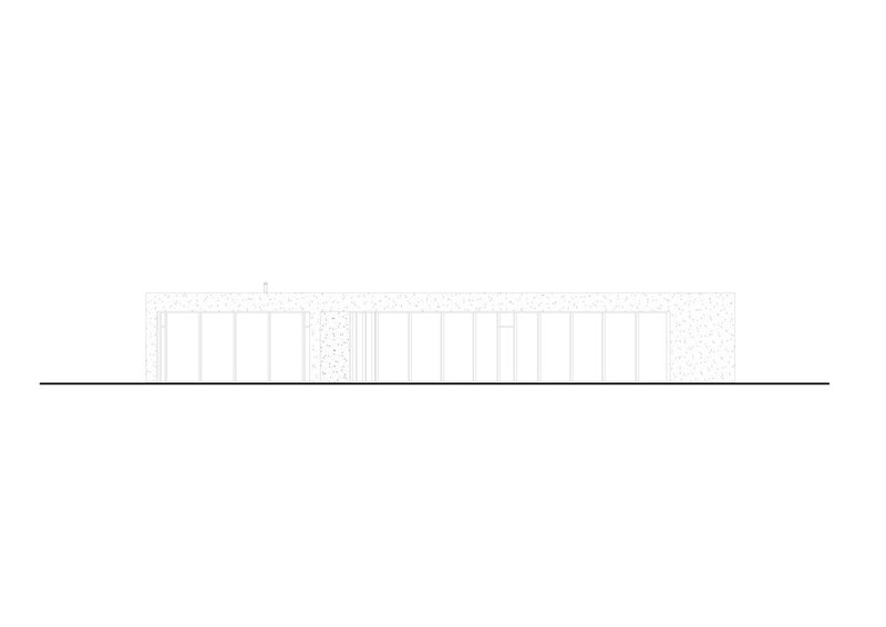 Elevation drawing showing the elongated facade with vertical slatted panels and textured corner sections