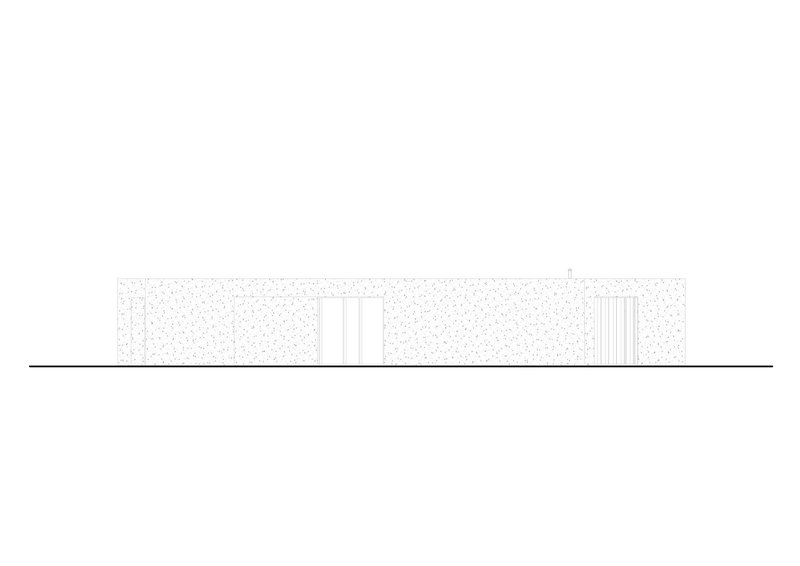 Elevation drawing depicting a linear structure with double doors and vertical slat element at one end