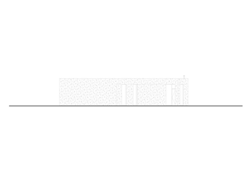 Elevation drawing presenting a textured facade with paired window openings and vertical slat details