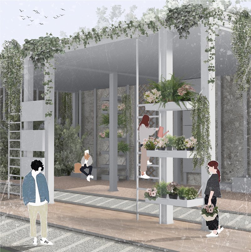 Green, open-frame installations foster urban gardening, participation, and a closer relationship between people and nature.