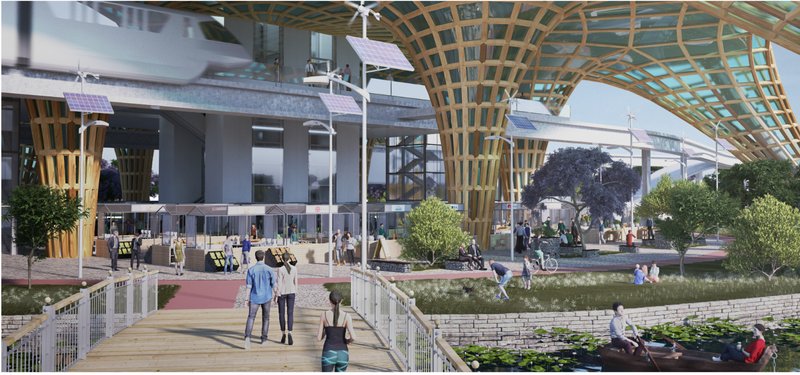 Public plaza beneath the vertical farm tower integrates markets, walkways and green spaces, creating a vibrant community hub within the urban agriculture network.