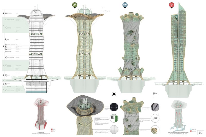 Tower typologies and structural studies reveal biomimetic forms designed for diverse agricultural functions including plants, aquaculture and research facilities.