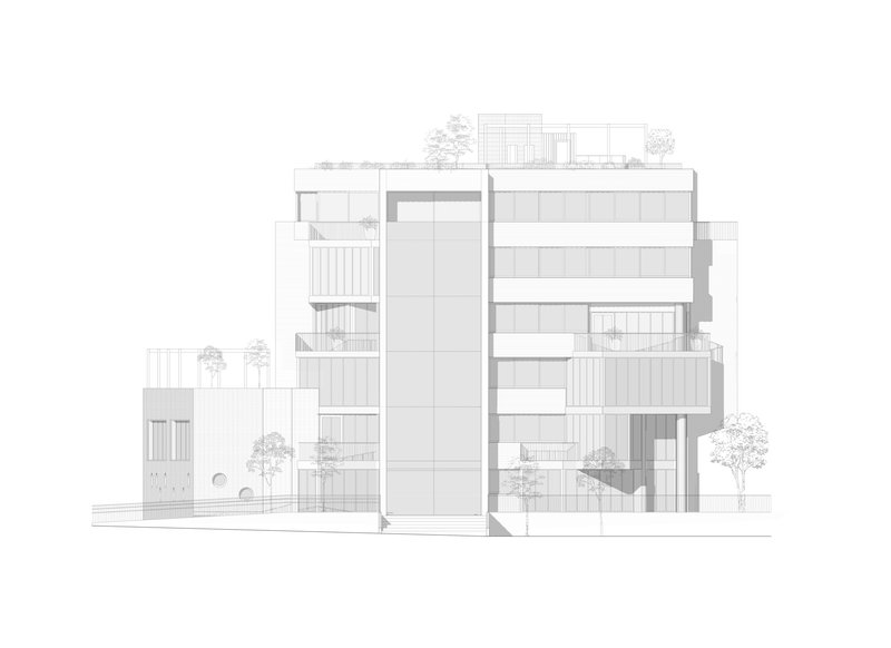 Section drawing revealing stacked floors with balconies and rooftop trees across multiple volumes