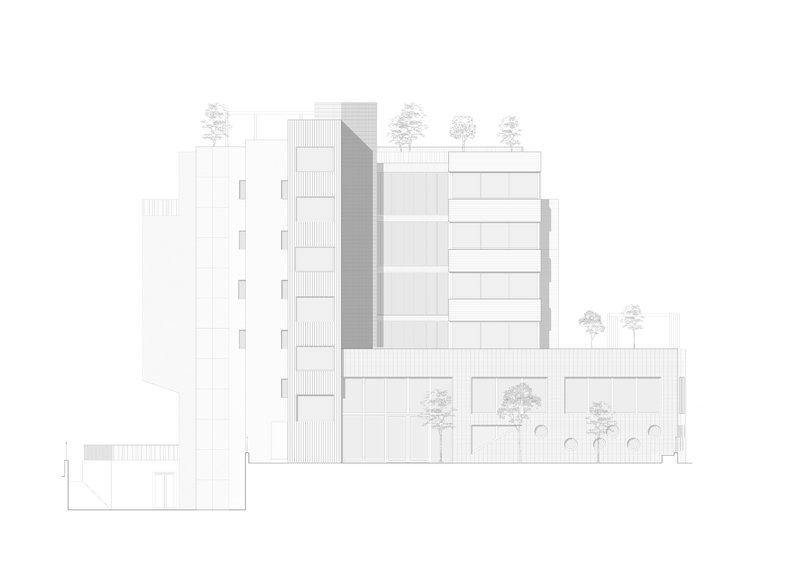 Elevation drawing showing a multi-story facade with planted terraces and circular openings at ground level