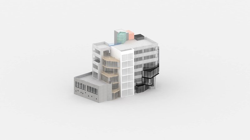 Axonometric drawing showing multiple volumes with colored rooftop elements and varied facade treatments