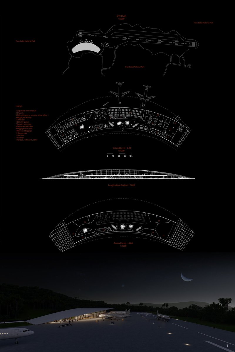 Masterplan and sectional strategy shaping a low-impact, landscape-integrated airport terminal