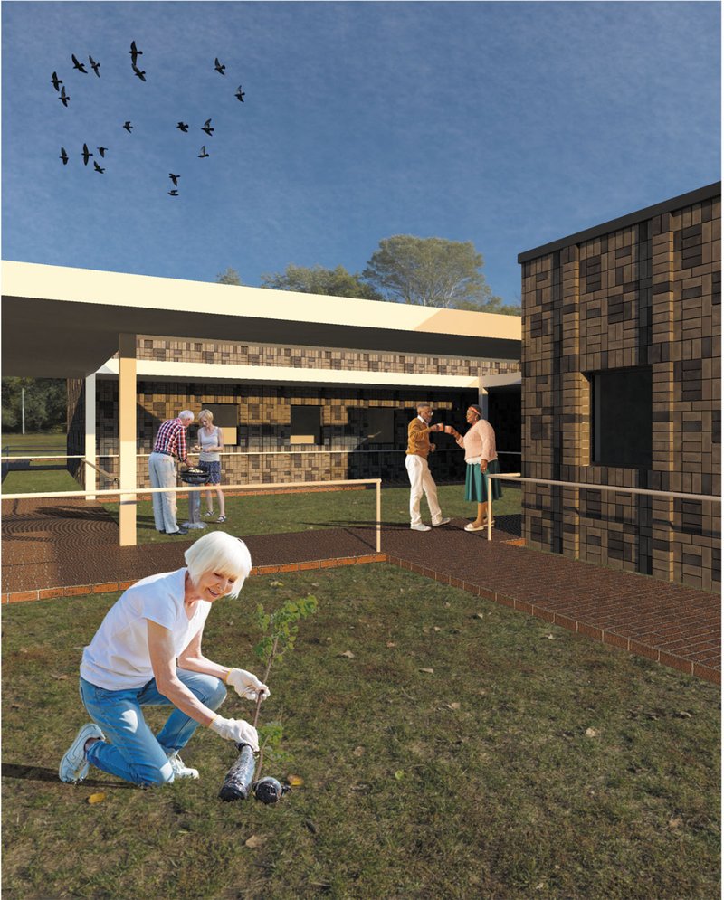 Residents engage in gardening activities within the therapeutic courtyard designed to support dementia-friendly outdoor interaction.