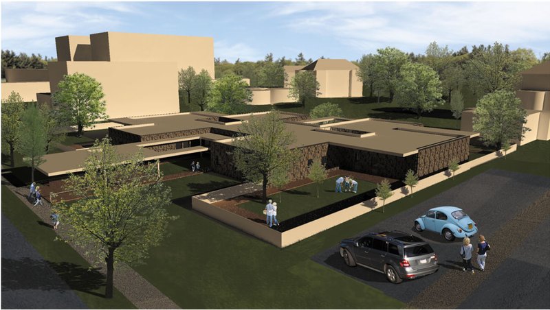 Aerial perspective of the Barrier-Free Centre showing low-rise volumes organized around green courtyards and therapeutic gardens.