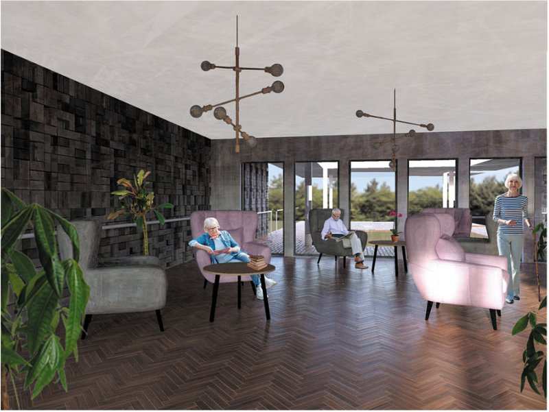 Interior common lounge designed with warm materials, natural light and comfortable seating to create a calm environment for residents.