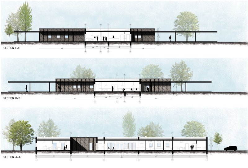 Architectural sections illustrating the single-storey barrier-free layout that ensures accessibility and clear circulation throughout the care centre.