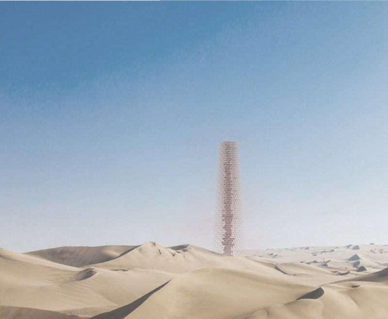 A solitary tower in the desert translating invisible pollution into visible architectural expression