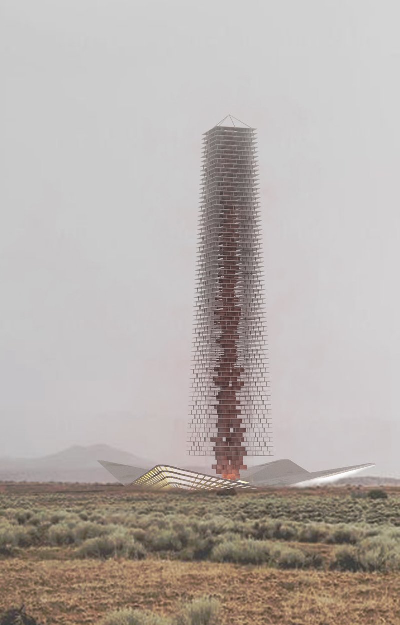 Modular vertical structure rising from the landscape, merging minimal form with dynamic environmental data