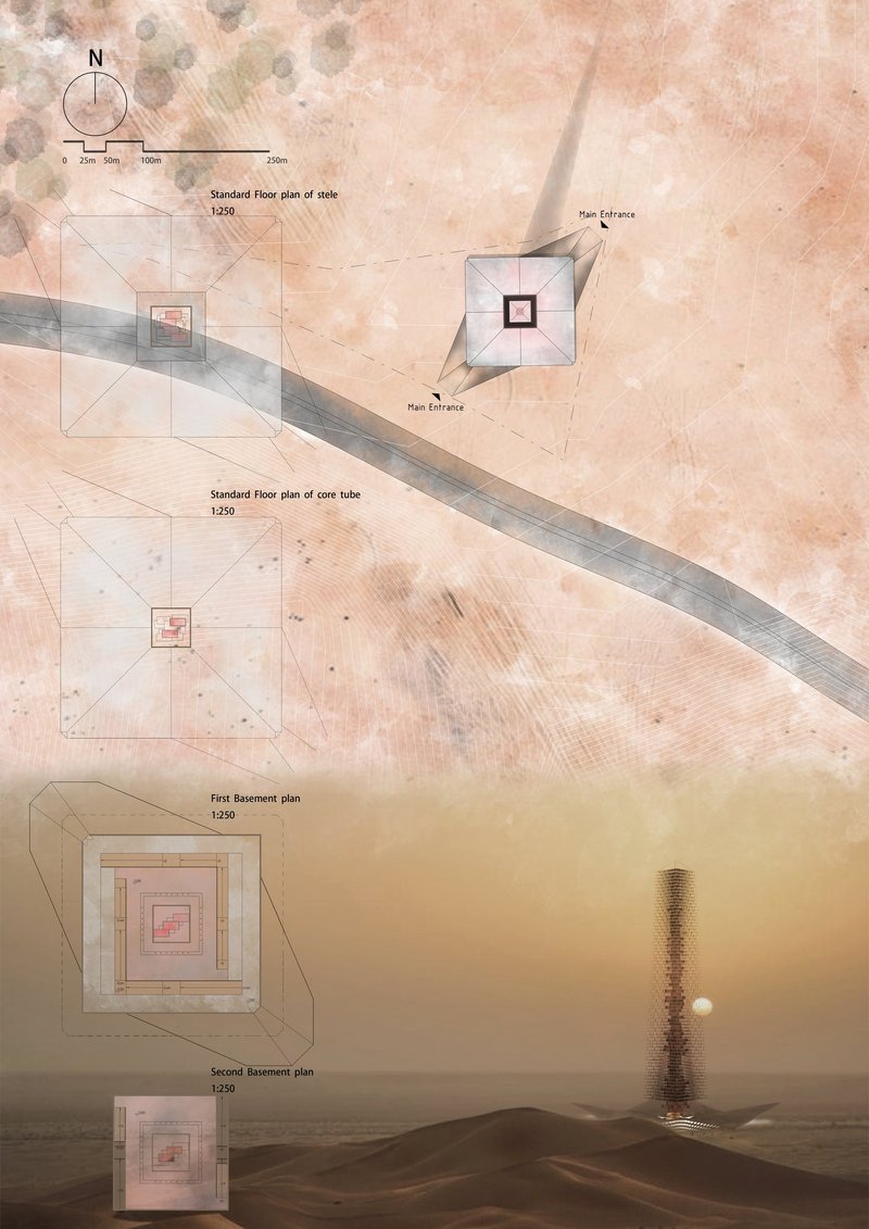 Site and floor plans revealing the underground pyramid and experiential circulation strategy