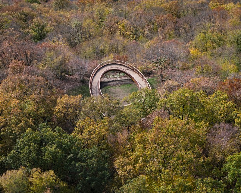 Top-down view showing the egg-shaped loop set into the woodland