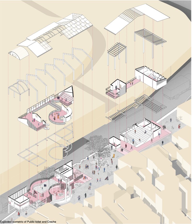 Exploded isometric of neighborhood node integrating public toilet and creche within a flexible community framework