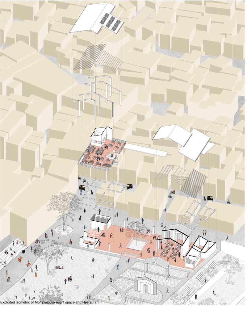 Exploded isometric of urban node showing multipurpose event space and elevated public interface