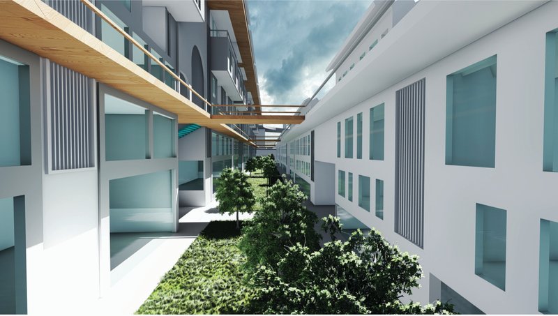 Linear courtyard housing blocks with elevated walkways and shared green spine