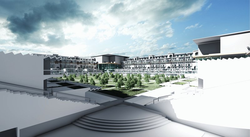 Central community courtyard formed within converted stadium footprint