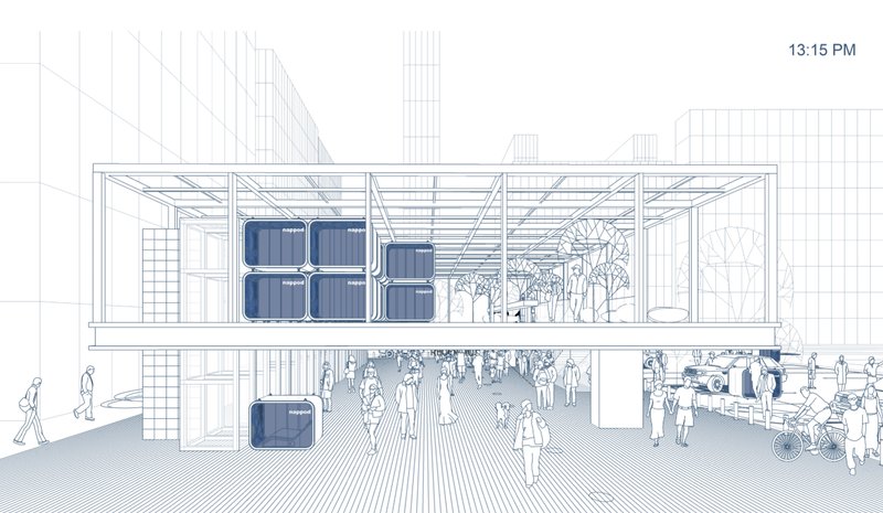 A modular public structure integrating nap pods within an active urban ground plane.