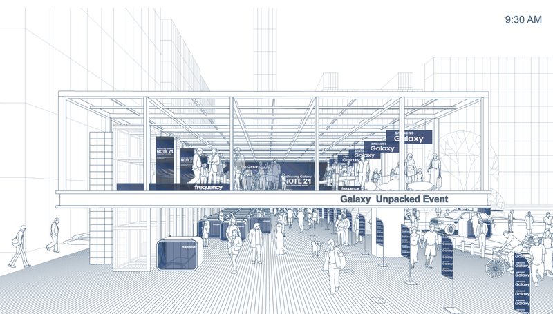 Adaptive architecture transforming into an event-driven public interface during peak hours.