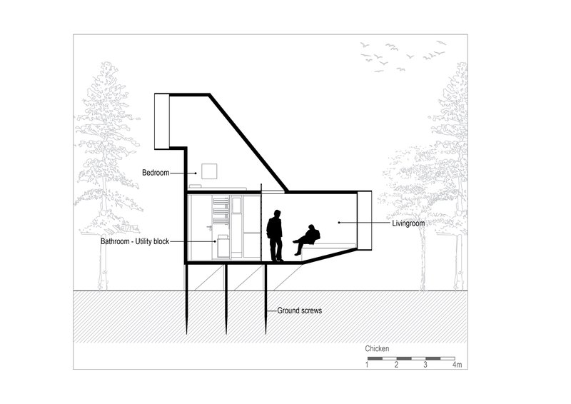 Section drawing showing a split-level dwelling elevated on ground screws with bedroom above and living room below