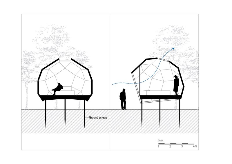 Section drawing showing two geodesic dome structures elevated on piloti with occupants seated and standing inside