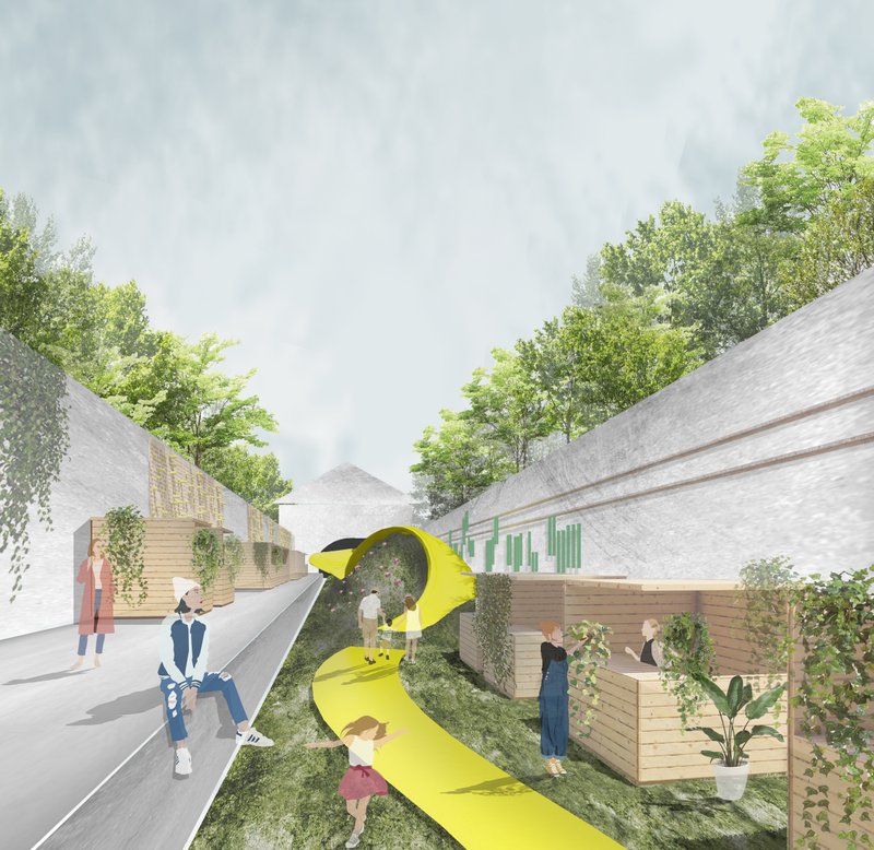 A serpentine parametric installation transforms a linear corridor into an interactive, community-driven public space.