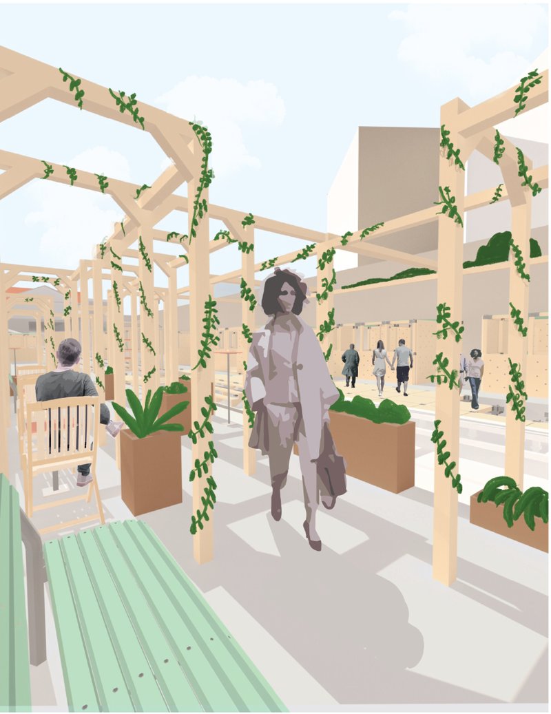 Modular timber framework with integrated greenery creates a flexible pedestrian corridor within adaptive reuse architecture.