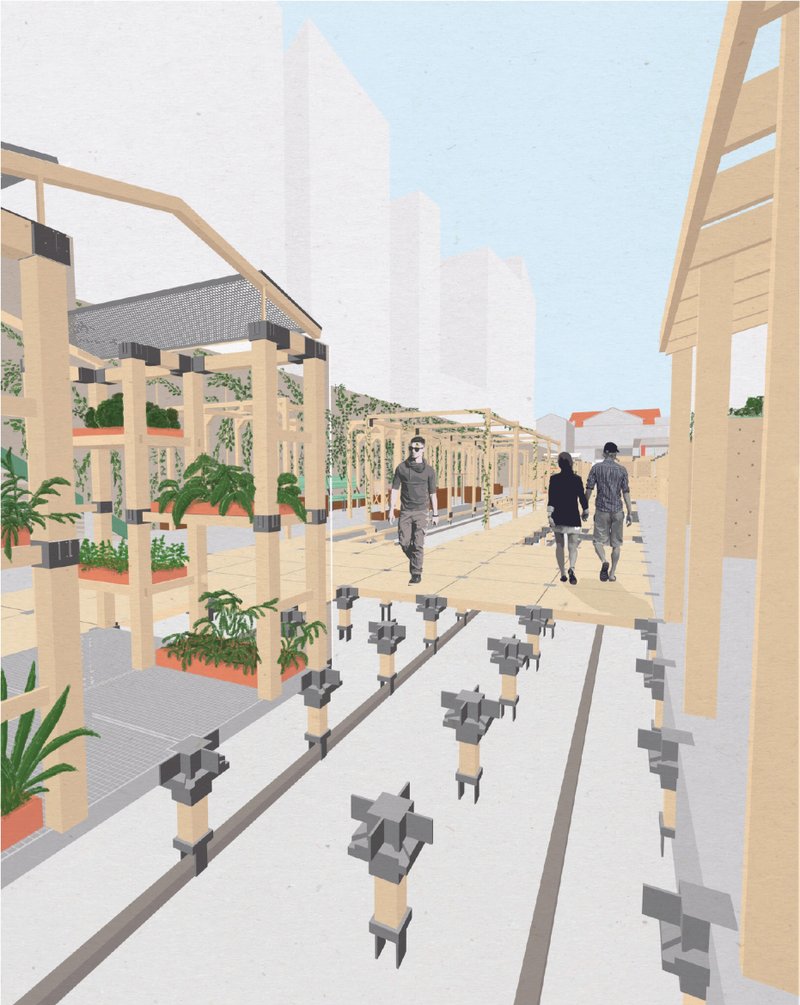 Elevated platform system activates abandoned railway tracks, enabling dynamic circulation and modular stall configurations.